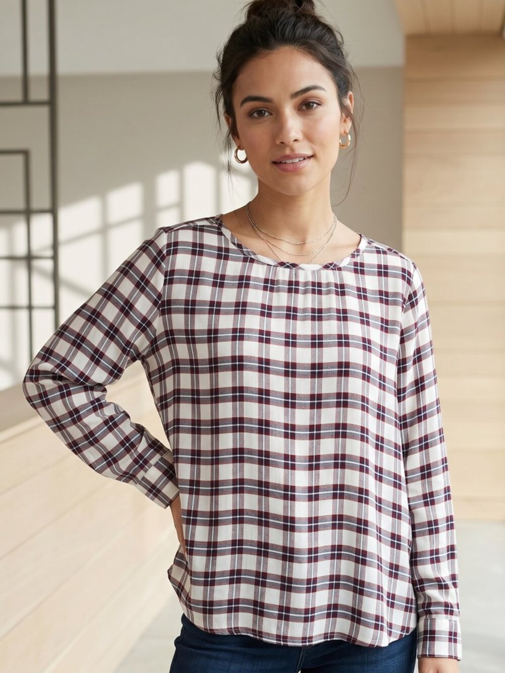 Loft Plaid Softened Shirt M Cream Navy Burgundy Preppy Academia 90s Office Siren